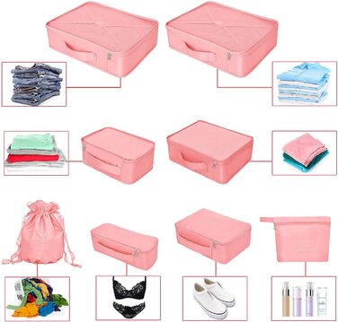 Органайзер для валізи: 8 комплектів, 7 кольорів. Набір для подорожей з водонепроникними мішками для взуття та компресійними мішками. Новий рожевий колір