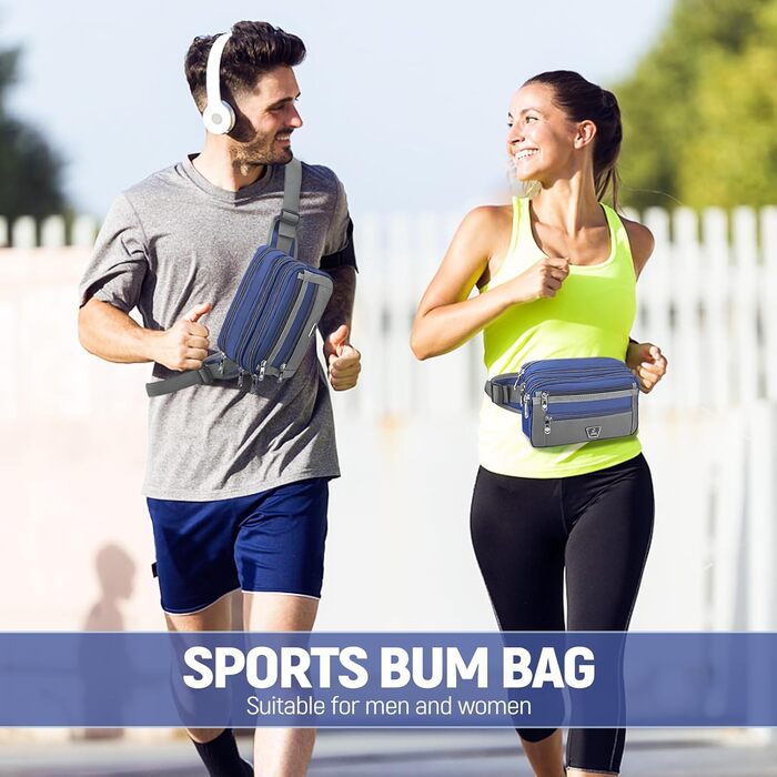 Чоловіча/жіноча поясна сумка на пояс з 7 кишенями на блискавці для спорту, фітнесу, бігу, велоспорту, подорожей та кемпінгу, блакитна