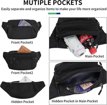 Чоловіча/жіноча поясна сумка-бананка з 5 відділеннями, водонепроникна, для подорожей, прогулянок з собакою та активного відпочинку, чорна