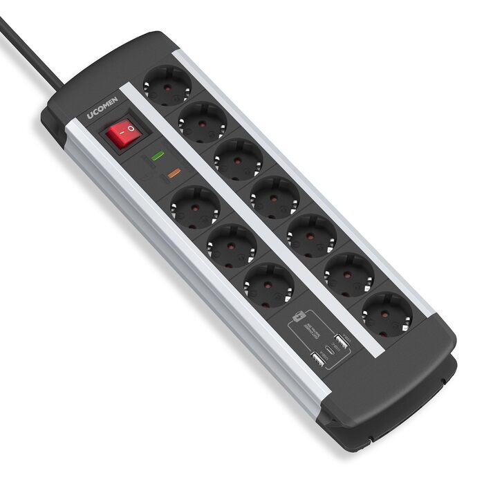 Мережевий фільтр на 10 розеток з USB-C PD 20W, захистом від перенапруги, вимикачем та можливістю настінного монтажу, кабель 1.5м, 16А, сертифікація TÜV/GS
