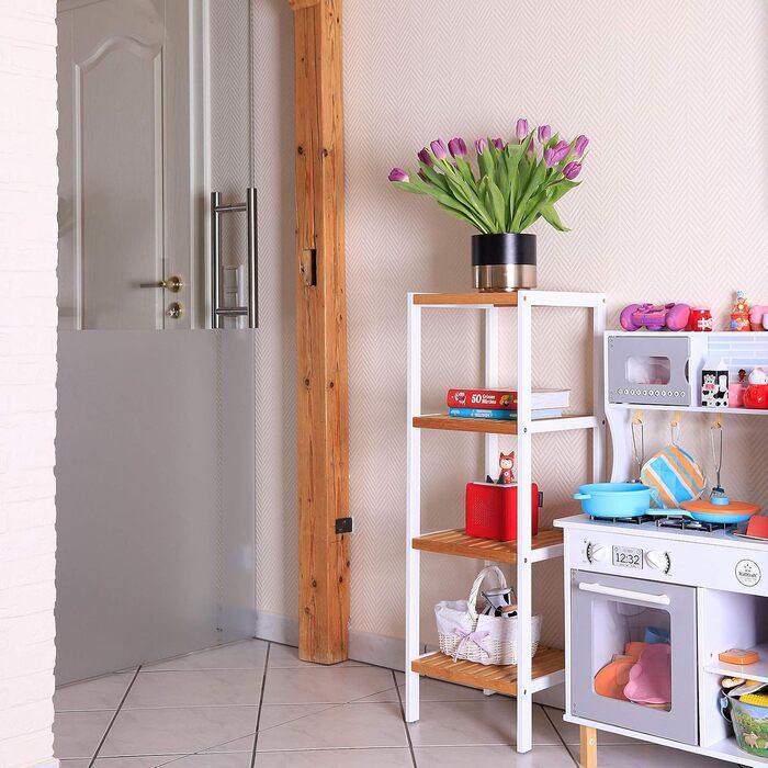 Dibea Bathroom Shelf with 4 Shelves, Living Room Shelf, Standing Shelf, Bamboo Shelf, Bathroom Shelf, Book Shelf, Corner Shelf, Kitchen Shelf, 33x33x98 cm, natural/white