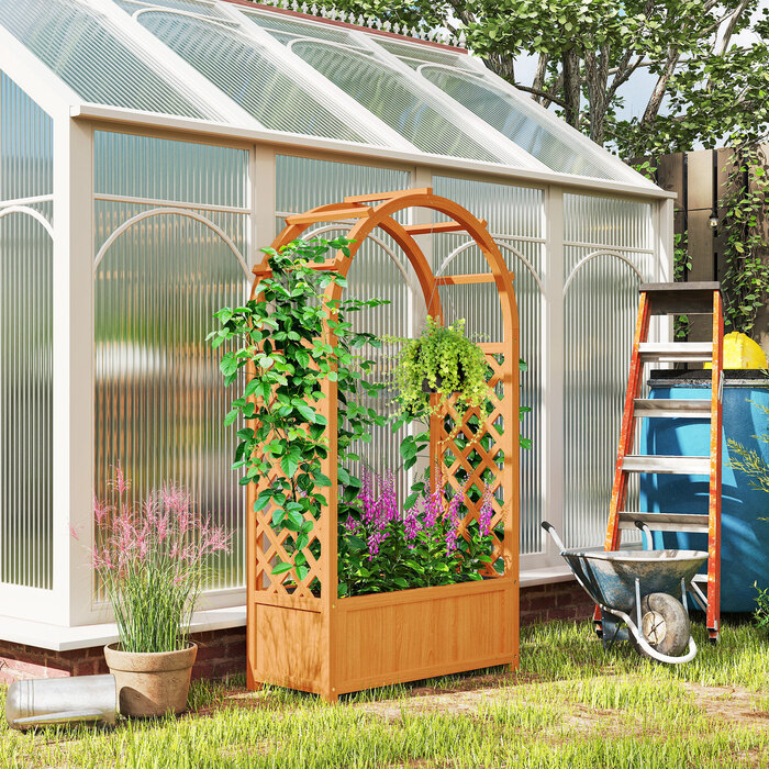 Outsunny Raised Garden Bed Planter with Trellis, Curved Roof Arbor Planter Box Wood, Garden Trellis 83x36x145cm for Garden Balcony Terrace, Flower Pot for Climbing Plants Hanging Plants, Flowers | Aosom
