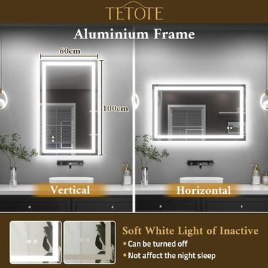 Дзеркало для ванної кімнати TETOTE з підсвічуванням 50x70 см, без рами, LED-підсвічування, сенсорна кнопка, 3 кольори, регулювання яскравості, функція пам'яті