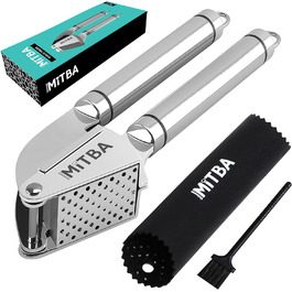 MiTBA Garlic Press Set with Non-Slip Handles - Includes Crusher, Silicone Peeler & Cleaning Brush