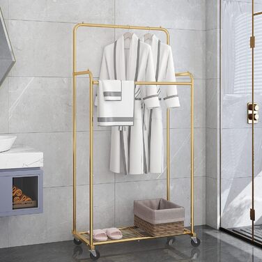 Clothes rack with double bar, sturdy clothes rack on wheels for hanging clothes, with 4 hooks, gold