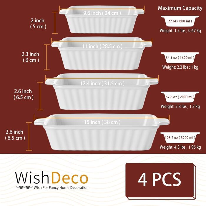 Набір форм для запікання (4 шт.), прямокутні, кераміка, для лазаньї, з ручками, жаростійкі, підходить для мікрохвильової печі та мийки