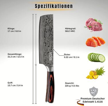 Nakiri Messer Aryum Premium 17 см - Японський ніж для овочів з нержавіючої сталі, ергономічний, гострий та довговічний