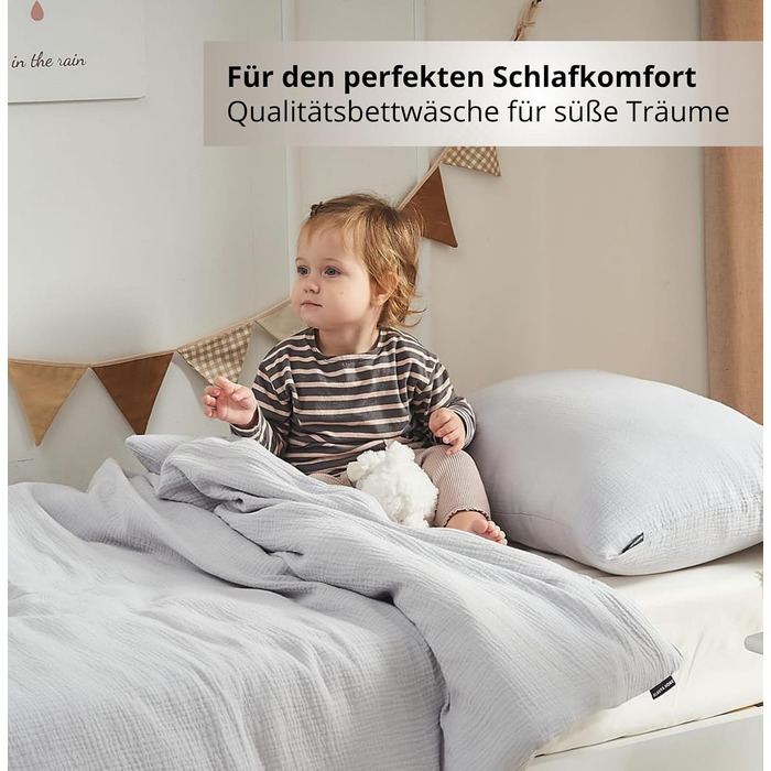 Набір постільної білизни для дитячого ліжечка Kinderbettwäsche: 2 шт. (100x135 см, 40x60 см) | Органічна бавовна, сертифікат ÖkoTex, для алергіків | Набір постільної білизни з мусліну для дітей | Сірий колір