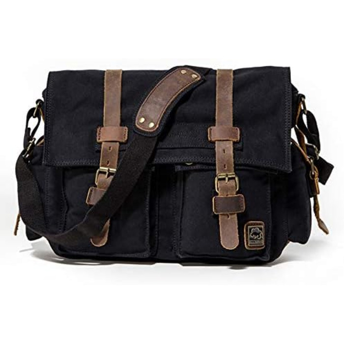 Вінтажна чоловіча сумка через плече з шкіри та канвасу Sechunk, для ноутбука 15/17 дюймів, чорна