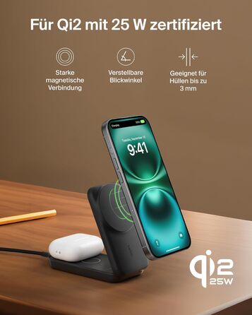 Belkin UltraCharge Qi 2.2 Зарядна станція 2-в-1 25W MagSafe сумісна, бездротова зарядка для iPhone 17, iPhone Air, AirPods, Pixel – Чорний