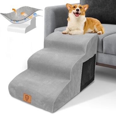 3-Step Dog Stairs, Non-Slip Pet Stairs for Small Dogs, Washable Dog Stairs 40cm High, Portable Dog Ramp Cat Stairs with Washable Cover for Sofa Bed