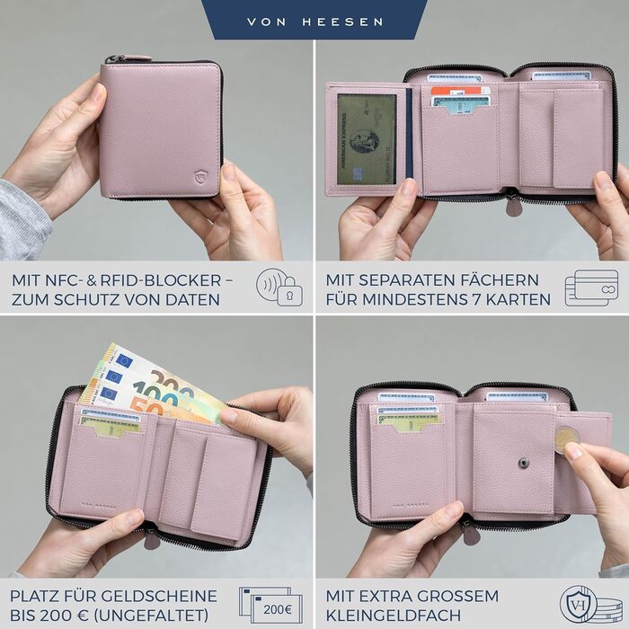 Шкіряний гаманець VON HEESEN з RFID-захистом, для чоловіків і жінок, з монетницею, лаванда