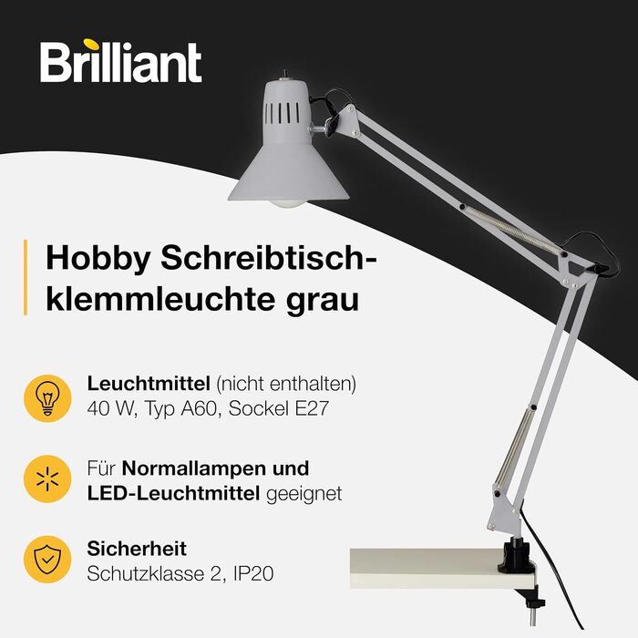 Настільна лампа на затискачі Brilliant Hobby, металева, патрон E27, до 40 Вт, колір титан