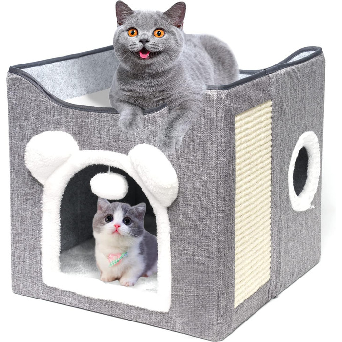 Складане будиночок для котів, великий, з когтеточкою та плюшевою кулькою (сірий)
