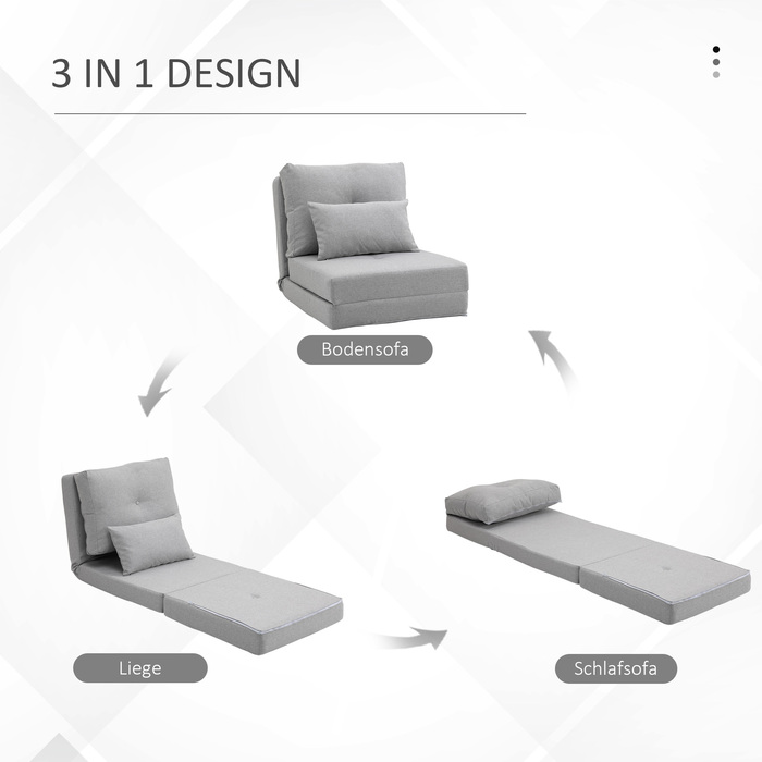HOMCOM Floor Recliner 2-in-1 Folding Bed with Adjustable Backrest, Floor Sofa with Decorative Cushions, Floor Seating Cushion for Living Room, Bedroom, Linen, Grey | Aosom