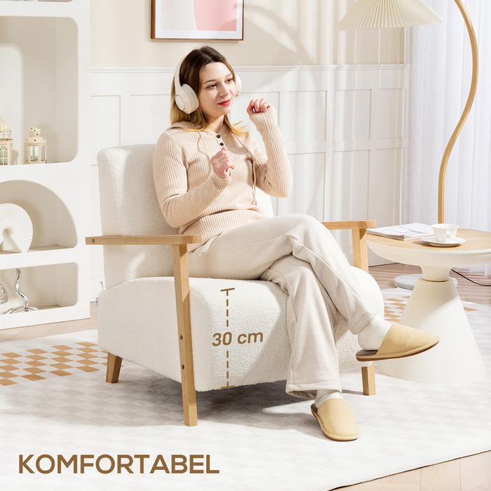 Крісло HOMCOM з підлокітниками та спинкою, м'яке крісло для відпочинку з ефектом шерсті, на дерев'яних ніжках, для спальні, вітальні, до 120 кг, кремовий колір | Aosom