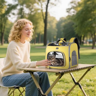 Рюкзак для котів та маленьких собак ALLSOPETS, дихаючий, з фронтальною відкриваністю та страхувальним ремінцем, для подорожей, походів та прогулянок (Квітково-рожевий, Лимонний)