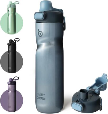 BOTTLE BOTTLE Insulated Water Bottle, 680 ml, with Handle and Flip-Top Lid, Bicycle Water Bottle, Push-Button Lid, Leak-Proof, Portable, for Travel, Sports, Riding, Green (Blue)