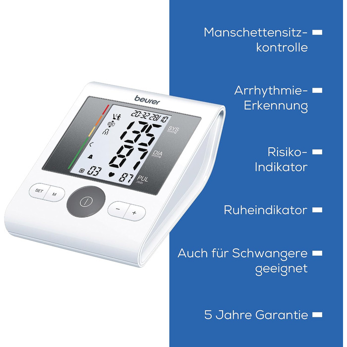 Тонометр Beurer BM28 на плече з індикатором тиші, позиціонуванням манжети та кольоровою індикацією ризику; підходить для вагітних