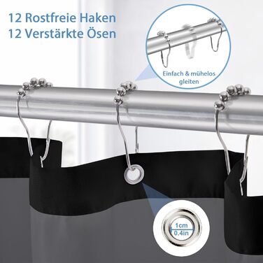 Штора для душу водонепроникна з льоном та віконцем, 183x183 см, чорна + 12 гачків з нержавіючої сталі