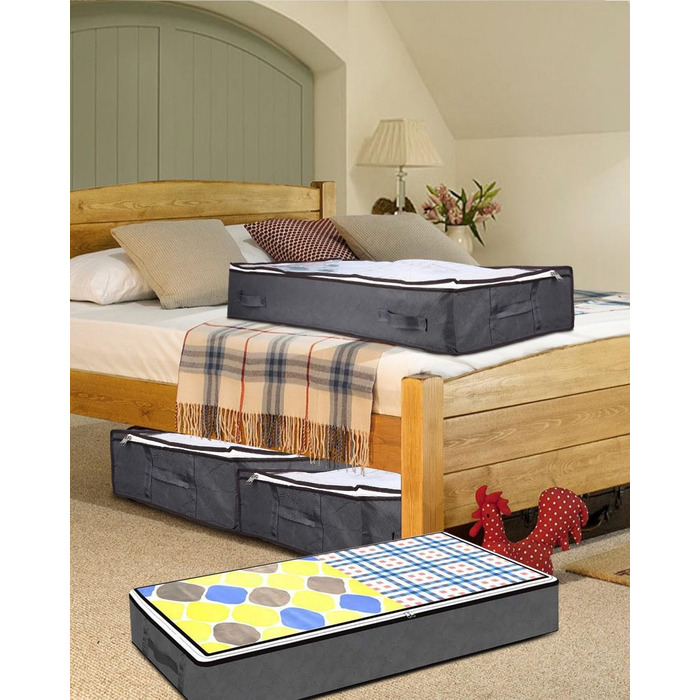Коробки для зберігання під ліжко з кришкою, 90L, 4 шт., сірі. Органайзери для постільних речей, ковдр, подушок