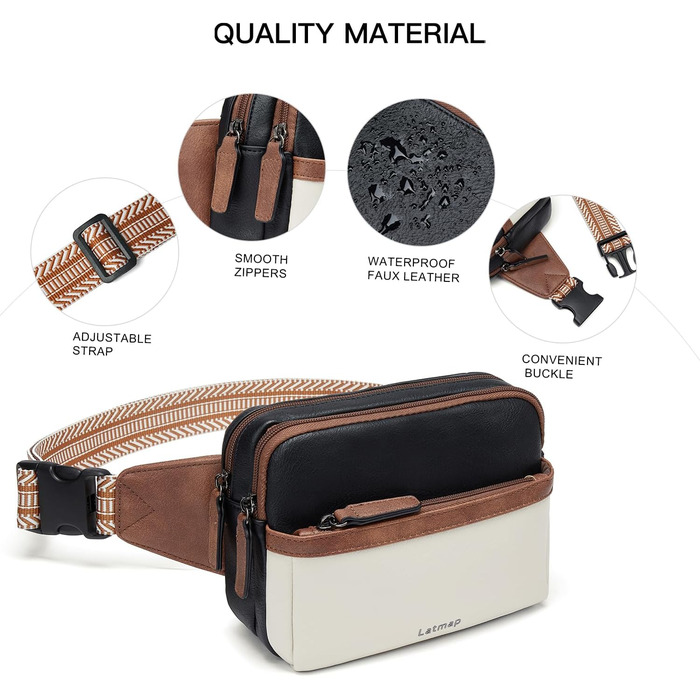 Women's Fanny Pack, Small Crossbody Bag for Women, PU Leather Theft-Proof Bag, Waterproof Waist Bag for Women, Hip Bag for Women for Outdoor Sports, Travel, Cycling (Beige with Black)