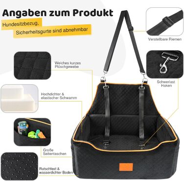 GL GLENSLAVE Dog Car Seat for Medium/Large Dogs - Elevated Pet Seat for Dogs Up to 25kg or 2 Small Dogs - Removable & Washable with Thick Cushions & Storage Pockets (Black)