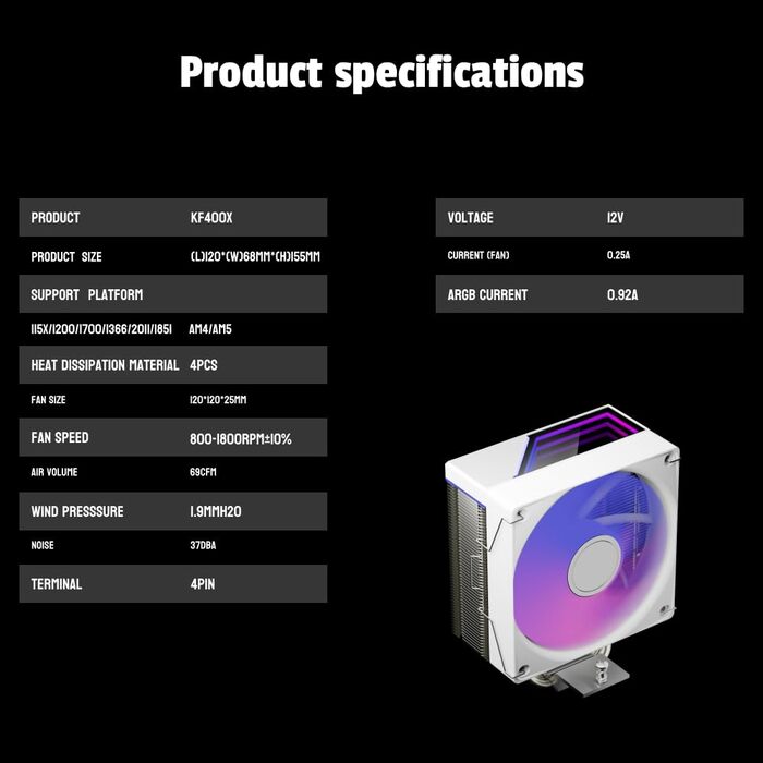 Охолоджувач CPU Jungle Leopard KF400X з LED підсвічуванням: 4 теплові трубки, 4PIN PWM вентилятор, сумісний з Intel LGA 2011/115X/1200/1366/1700/1851, AM4/AM5 (білий)