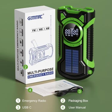 Радіо на сонячній батареї та ручному приводі Gemmac 5000mAh з Bluetooth, USB AM/FM, Power Bank, SOS-сигналом, ліхтариком – для кемпінгу та виживання (Зелений)