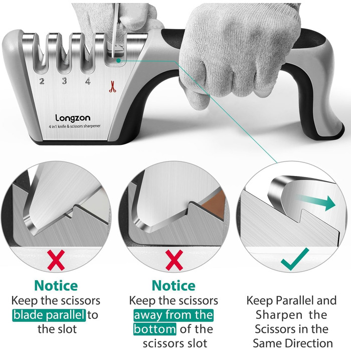 Точилка для ножів Longzon з 4 ступенями, ручна, з антипорізковими рукавичками. Для грубого та тонкого заточування ножів та ножиць. Діамантове та керамічне лезо.