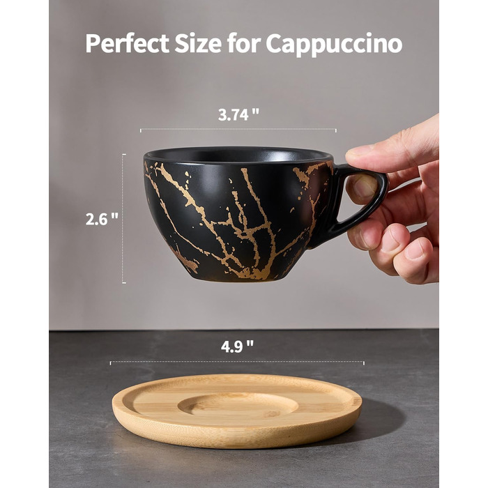 Набір кавових чашок капучіно Home Decor, 4 шт., 220 мл, з металевим підставкою, чорний та білий