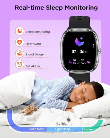 Дитячий розумний годинник для хлопчиків та дівчаток, фітнес-трекер активності з 100+ спортивними режимами, крокомір, монітор серцевого ритму та сну, водонепроникність IP68, подарунок для підлітків 5-16 років, чорний