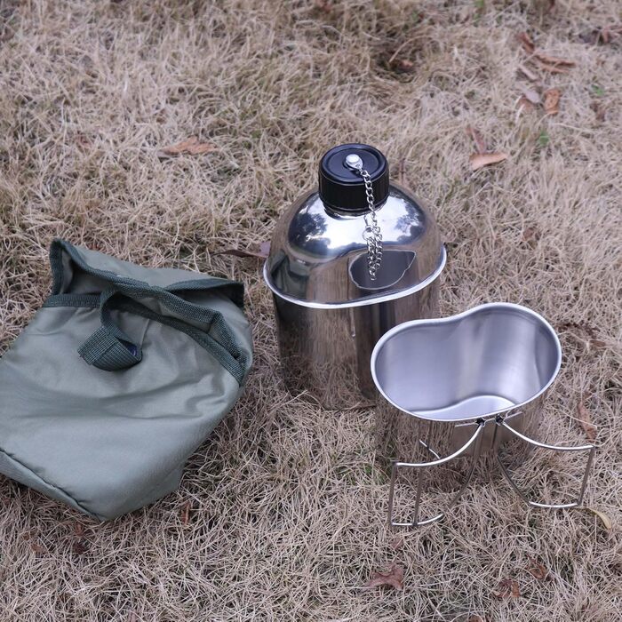 Goetland Stainless Steel US Military Field Bottle Set 1.2l with 0.6l Cup Nylon Bag Water Bottle Cooking Pot Camping Cup