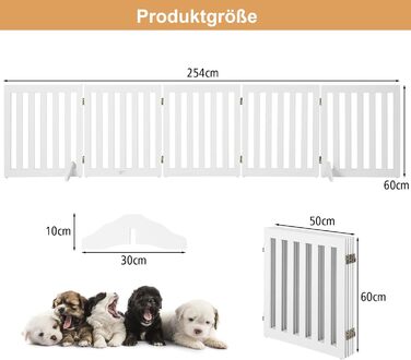 Захисний бар'єр для собак COSTWAY 60см, дерев'яний, дитячий, розкладний, для сходи, білий (5 панелей)