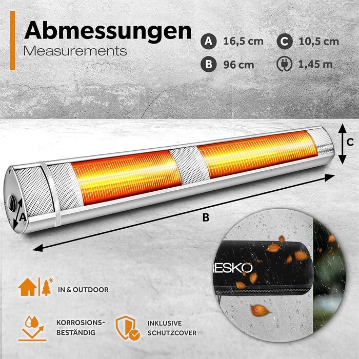 Інфрачервовий обігрівач TRESKO 3000W з пульт дистанційного керування | Тепловий струмінь для тераси, електричний, 3 режими | Тепловий струмінь для тераси, внутрішній та зовнішній | Настінний інфрачервовий обігрівач, обігрівач для пеленального столику (срі