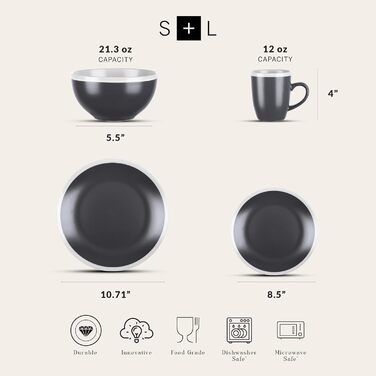 Набір посуду Stone Lain Serenity Steingut, 16 предметів (сервіз на 4 особи), темно-сірий та кремовий, придатний для миття в посудомийній машині та використання в мікрохвильовій печі