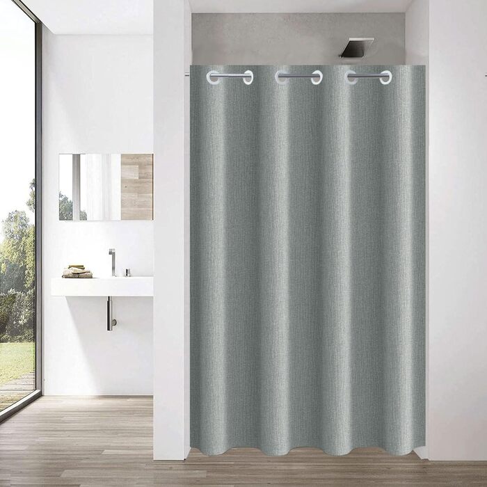 Штора для душу YISURE без гачків, льон вигляд, водонепроникна, 120x200 см, сіра. Текстильна штора для ванної кімнати, машинне прання