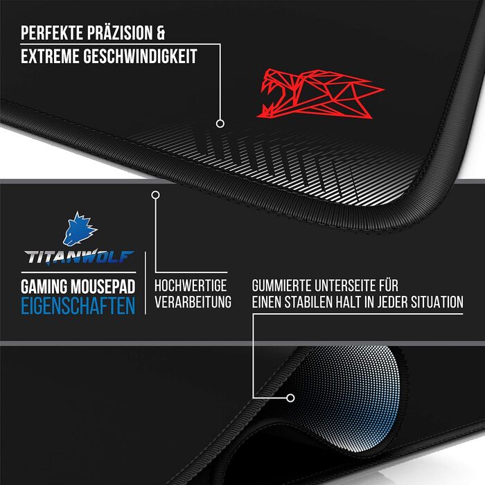 Килимок для миші Titanwolf Schwarz XXL 900x400mm - великий килимок для геймінгу, чорний, покращена точність та швидкість