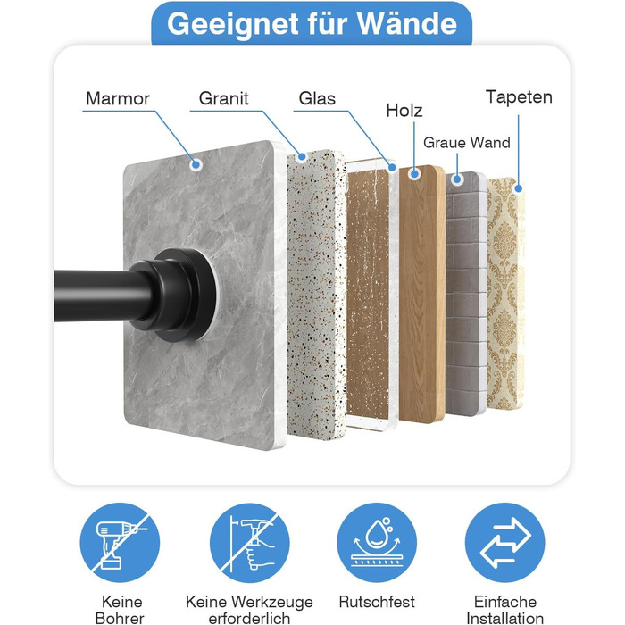 Телескопічна штанга для карнизи/душової завіси, чорна, 79-195 см. Кріплення без свердління. Телескопічна штанга для карнизи/душової завіси.