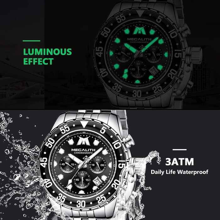 Чоловічий годинник MEGALITH з нержавіючої сталі, хронограф, водонепроникний, великий аналоговий годинник для бізнесу, календар, світлодіодне підсвічування, A-срібло, чорний