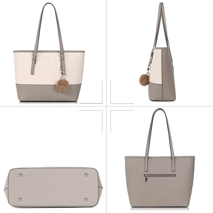 Сумка жіноча TANTOMI з гаманцем: велика сумка для офісу, школи, покупок, сіро-бежева з пензликами та пухнастим брелоком