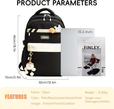 Шкільний рюкзак для дівчинки-підлітка 2025, рюкзак для школи/гімназії, рюкзак Kawaii для старшої школи з відділенням для 15.6' ноутбука, повсякденна шкільна сумка для подорожей, 22L, чорний