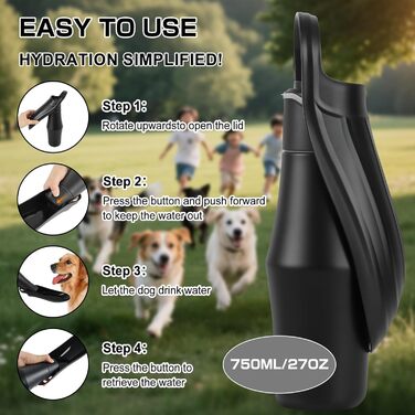 Водяна пляшка для собак на прогулянці - не протікає, з нержавіючої сталі, подвійні стінки, вакуумна ізоляція, 750 мл, чорна