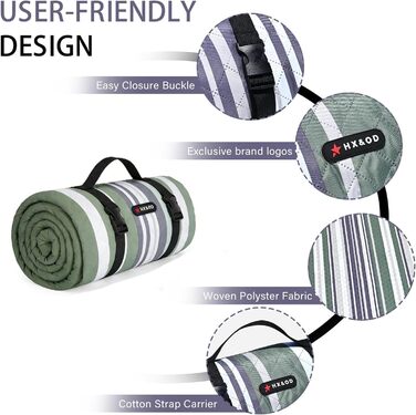 Плед для пікніка водонепроникний HX&OD, 203x203 см, складаний, з ручкою, сіро-зелений