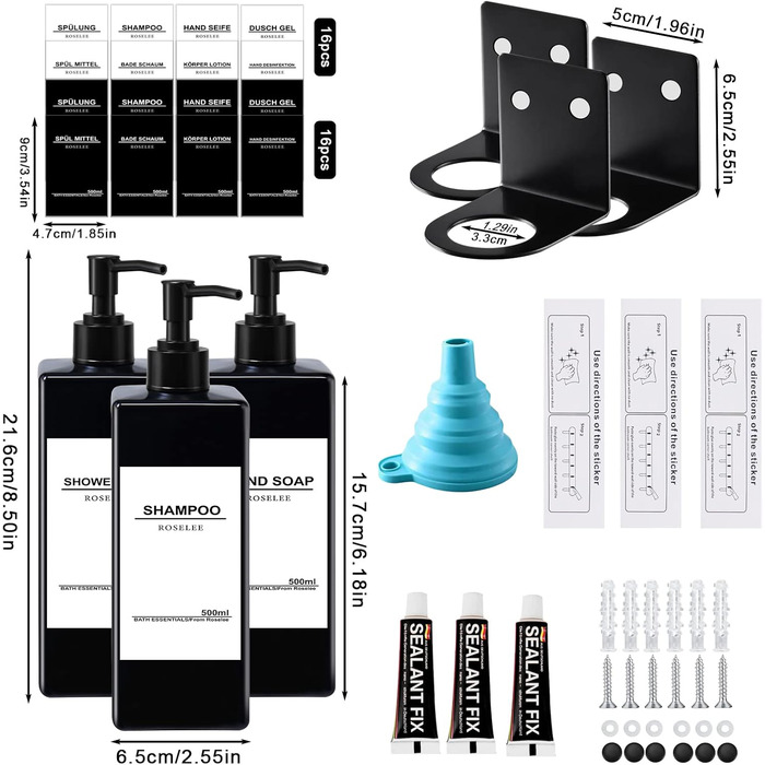 Набір з 3 дозатори для мила Roselee на стіну, 500 мл, без свердління, для душу, шампуню, ванни, чорний