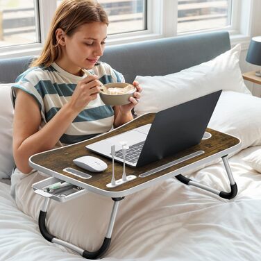 Стіл-підставка для ноутбука Huracan: регульований, з підсвіткою, USB, з відділенням для чашки та ящиком (60x40 см, Vintage Brown)