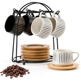 Набір керамічних чашок та підставок для кави з металевим стійкою (6 шт.), 130 мл, чорний, для капучіно, еспресо, лате, американо, чаю
