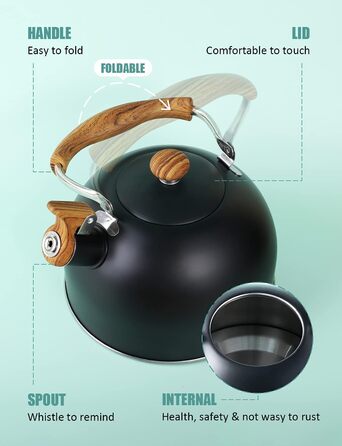 Чайник BELANKO з свистком, 2,5 л, нержавіюча сталь, з дерев'ястим малюнком, складаний ручка, для чаю, кави, молока – блакитний (чорний)