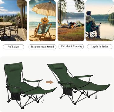 Набір кемпінгових стільців WOLTU 2 шт. з підставкою для ніг, пляжний стілець-трансформер, стілець для риболовлі з підсклянником та сумкою для зберігання (Зелений)