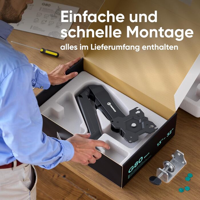 Кріплення для монітора ONKRON G80-B/G80T-B: газ-амортизатор, поворотний, нахильний, VESA 75x75-100x100, для моніторів 13-32 дюймів, до 8 кг